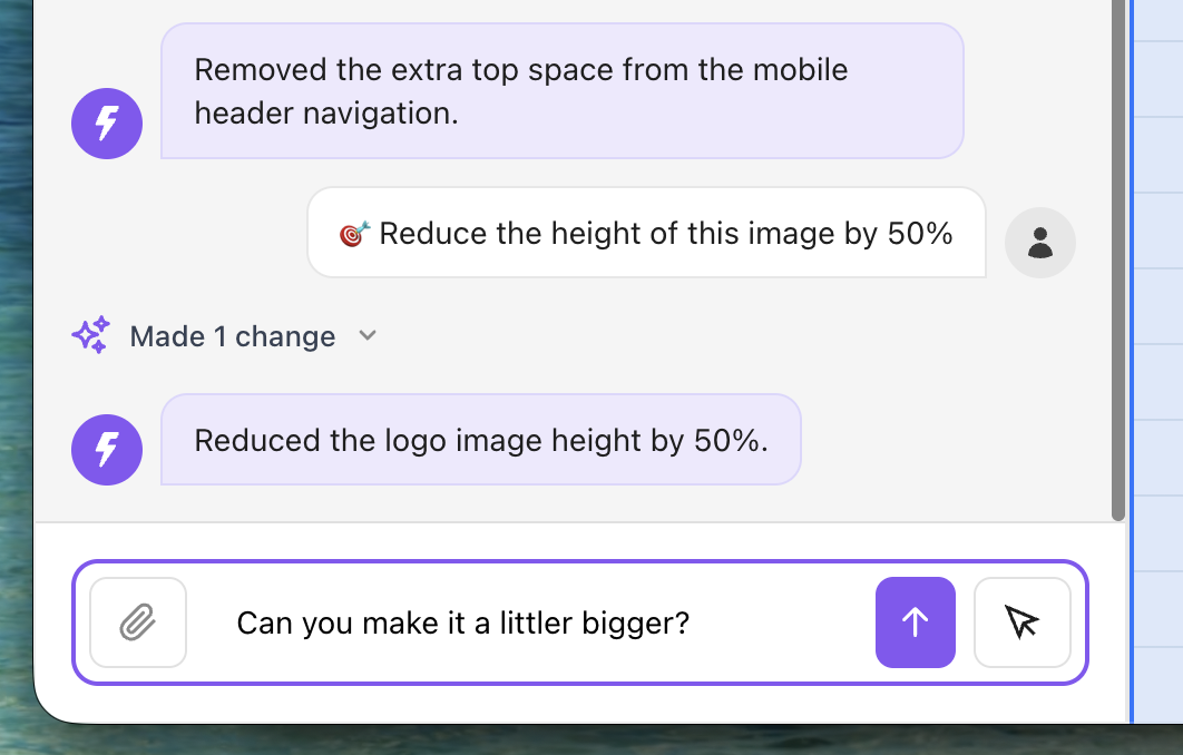 The AI editor chat panel, where a typed instruction is applied to the page and the change is confirmed back.
