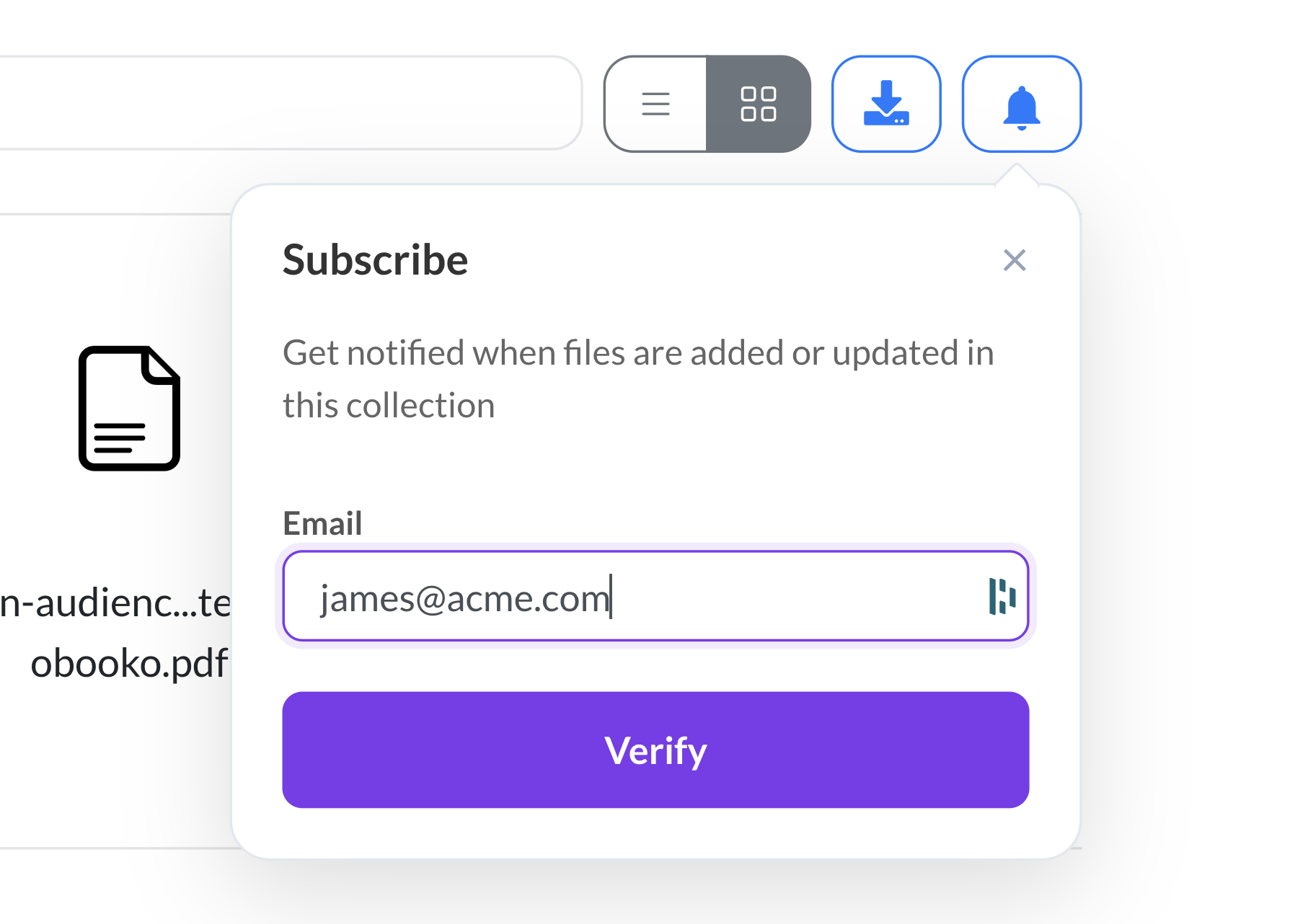 A subscribe control on a collection page, and the update notice a subscriber receives when a new document is added.