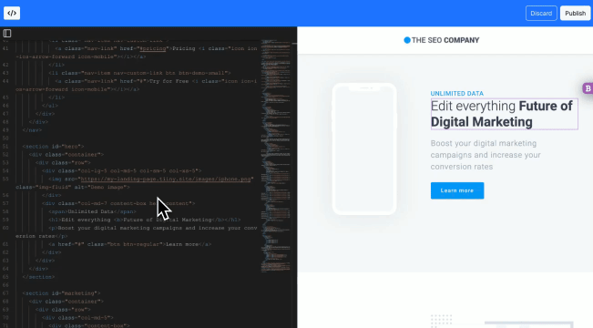 A browser-based code editor with an AI prompt bar, editing a live site with no local checkout.