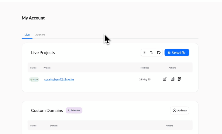 Tiiny Host analytics showing tracked links with view counts, and a notification that a prospect just opened a proposal.