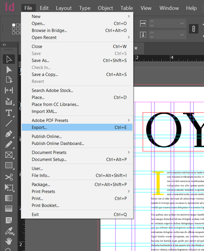 Screenshot of InDesign File Menu