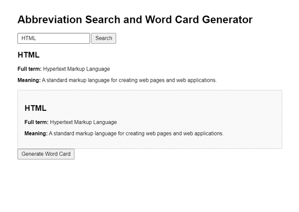 App interface for searching abbreviations and generating word cards to share