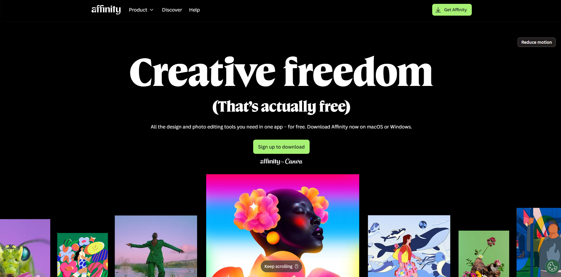 The Affinity homepage displaying "Creative freedom (That's actually free)," highlighting its 2025 shift to a free professional-grade Photoshop alternative for Windows, Mac, and iPad.