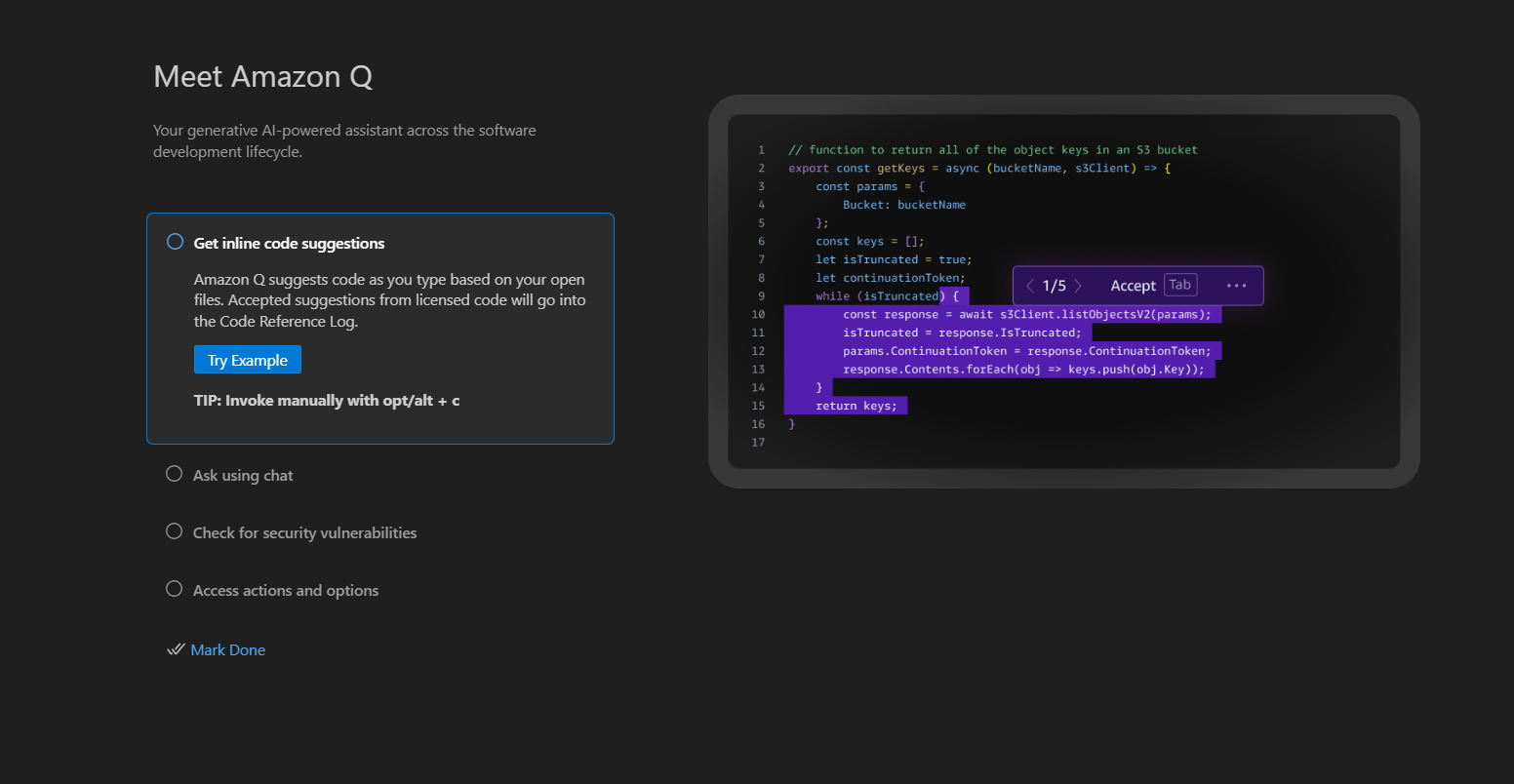 Amazon Q AI quick guide screen after being installed on VS Code