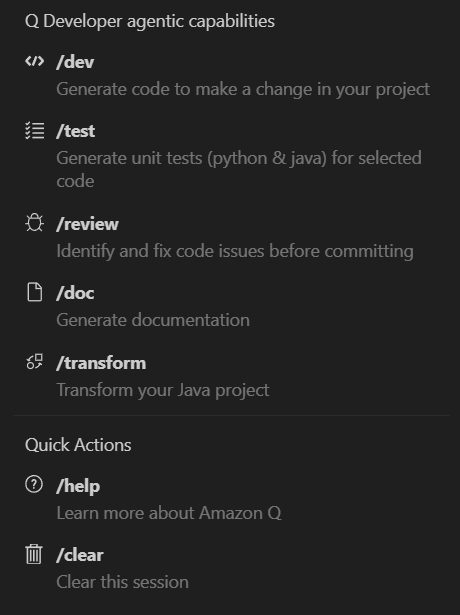 Different capabilities of Amazon Q AI Assistant like dev, test, review, doc and transfer.