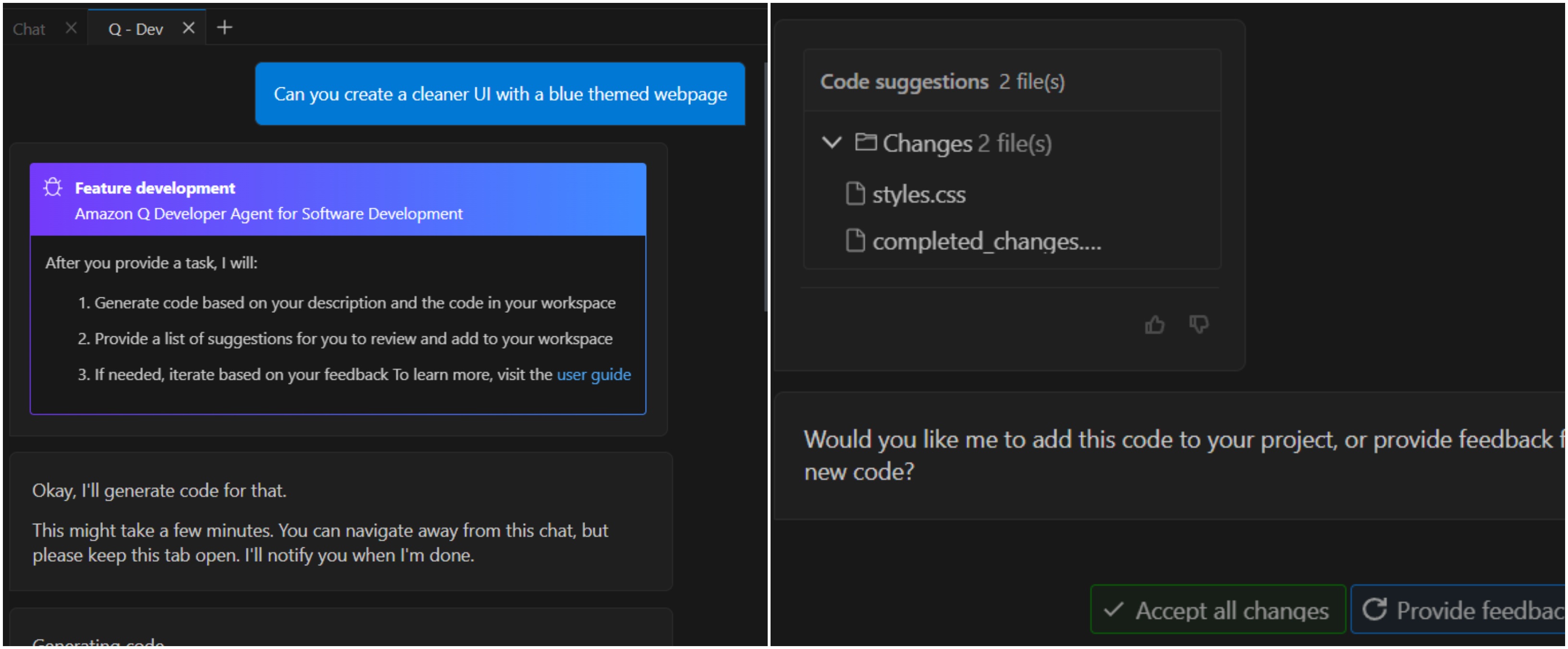 A screenshot of dev capability chat for further transformation of the app