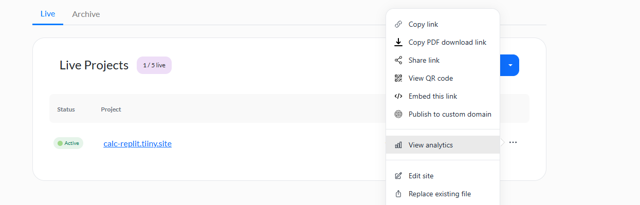 Interface of Tiiny host, showing the live project and the setting of "View Analytics" highlighted.