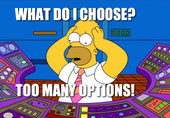 Photo of homer at console with caption “what do I choose? Too many options!”