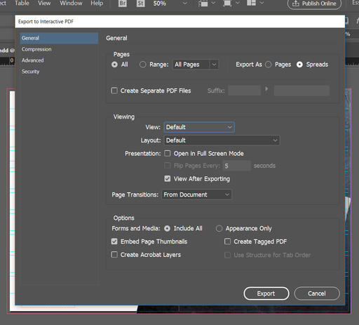 Screenshot of InDesign “Export To Interactive PDF” menu