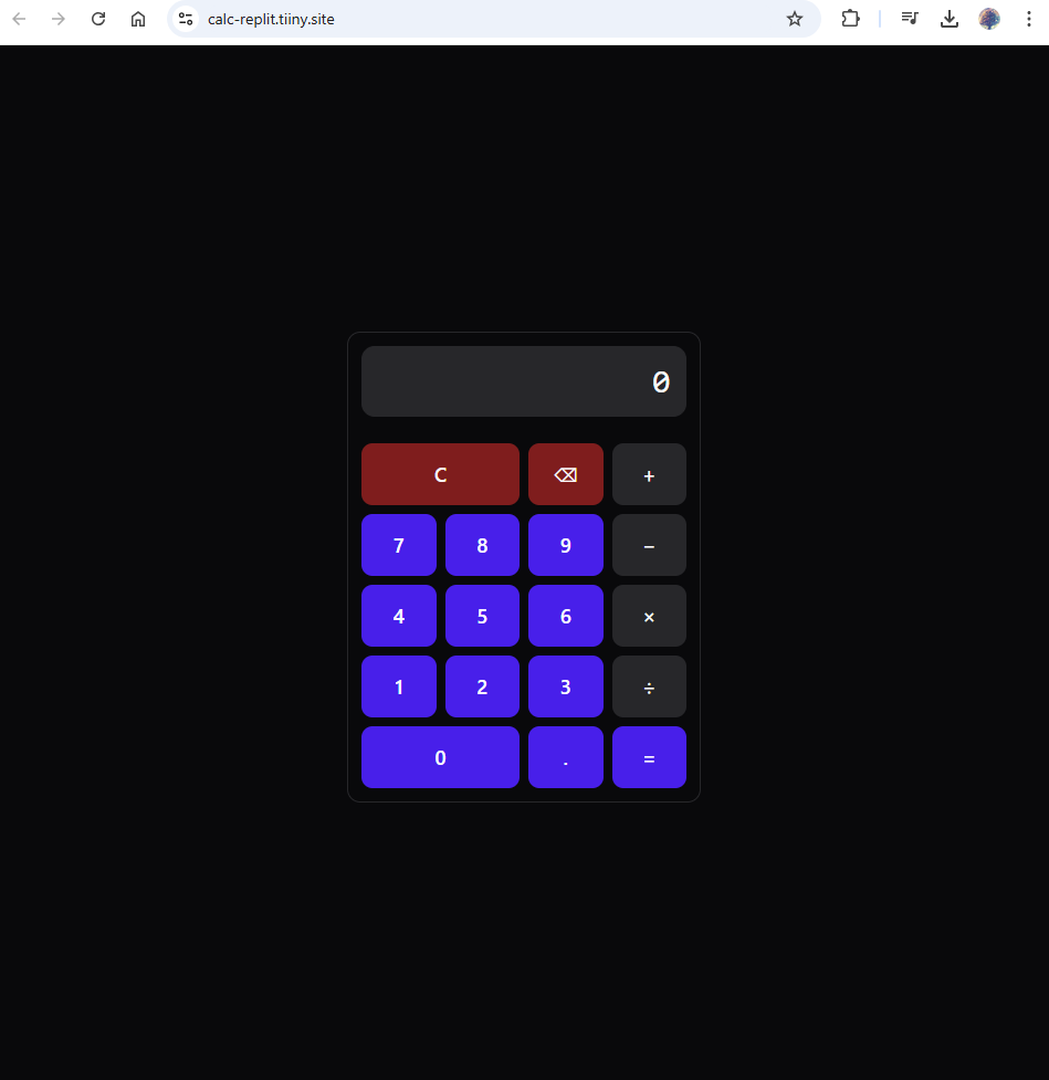 Final output of calculator created using Replit AI agent and then hosted on Tiiny.