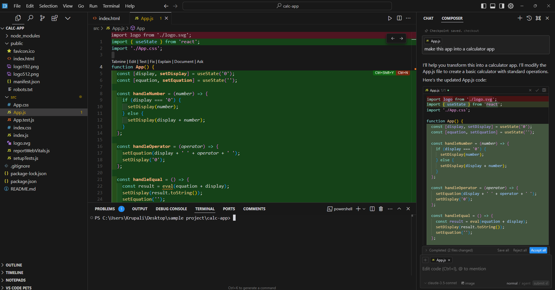 The image shows Cursor AI with React code on the left, where a prompt to convert the app into a calculator has been entered. On the right side, Cursor AI responds with updated code for a basic calculator app, modifying the original code as requested.