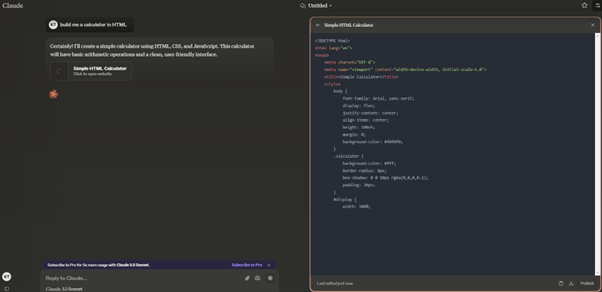 Split view of Claude AI generating code on one side and the text output on the other.