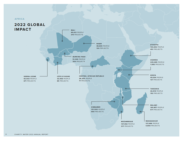 Charity: Water's annual report's impact map from their presentation.