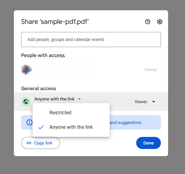 Screenshot of Access settings pop up when sharing a file from Google Drive