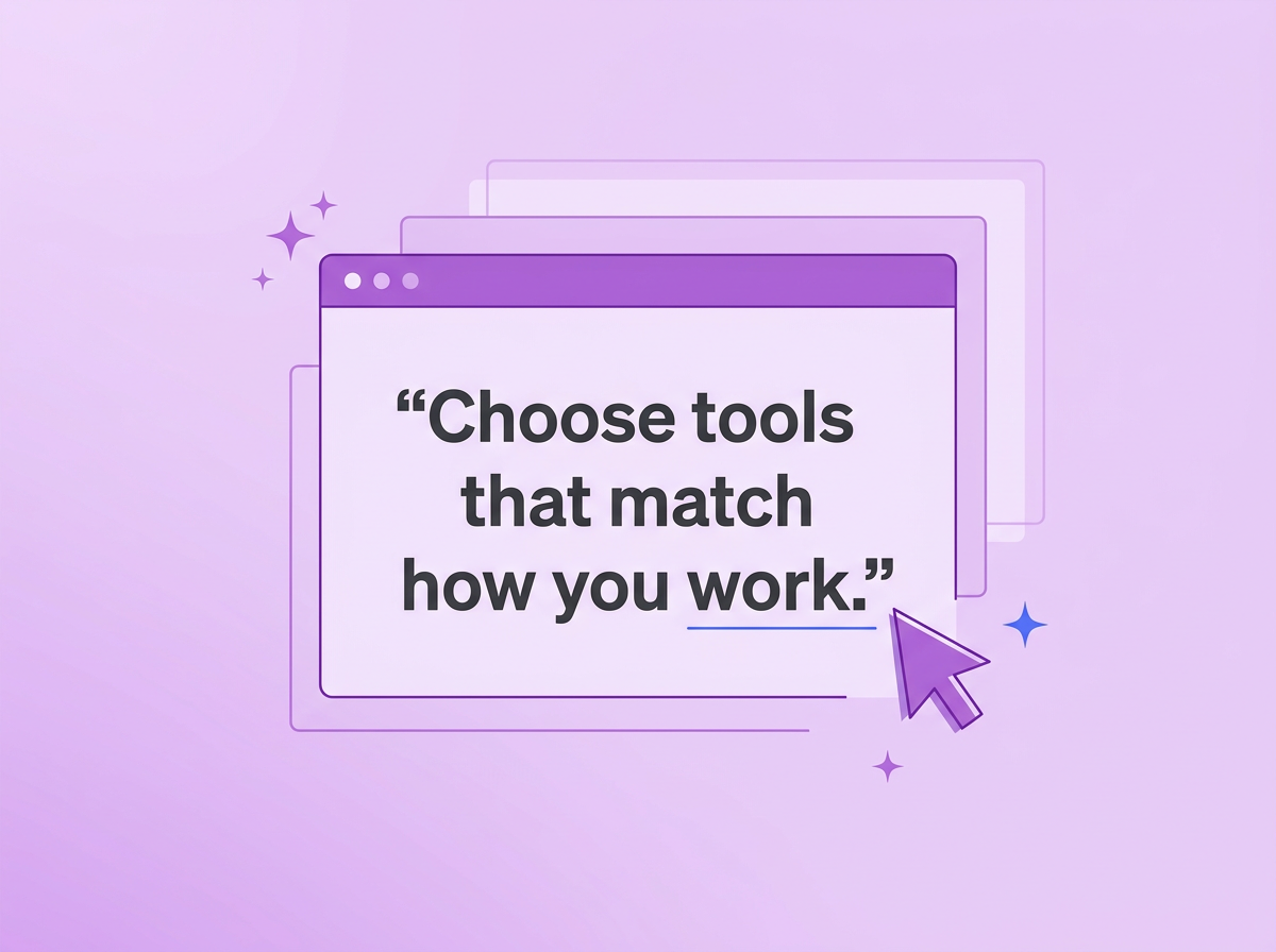 Expert tip graphic with a purple workspace illustration and the quote, "Choose tools that match how you work."