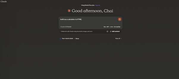 Screenshot of Claude AI interface with a prompt ‘build me a calculator in HTML