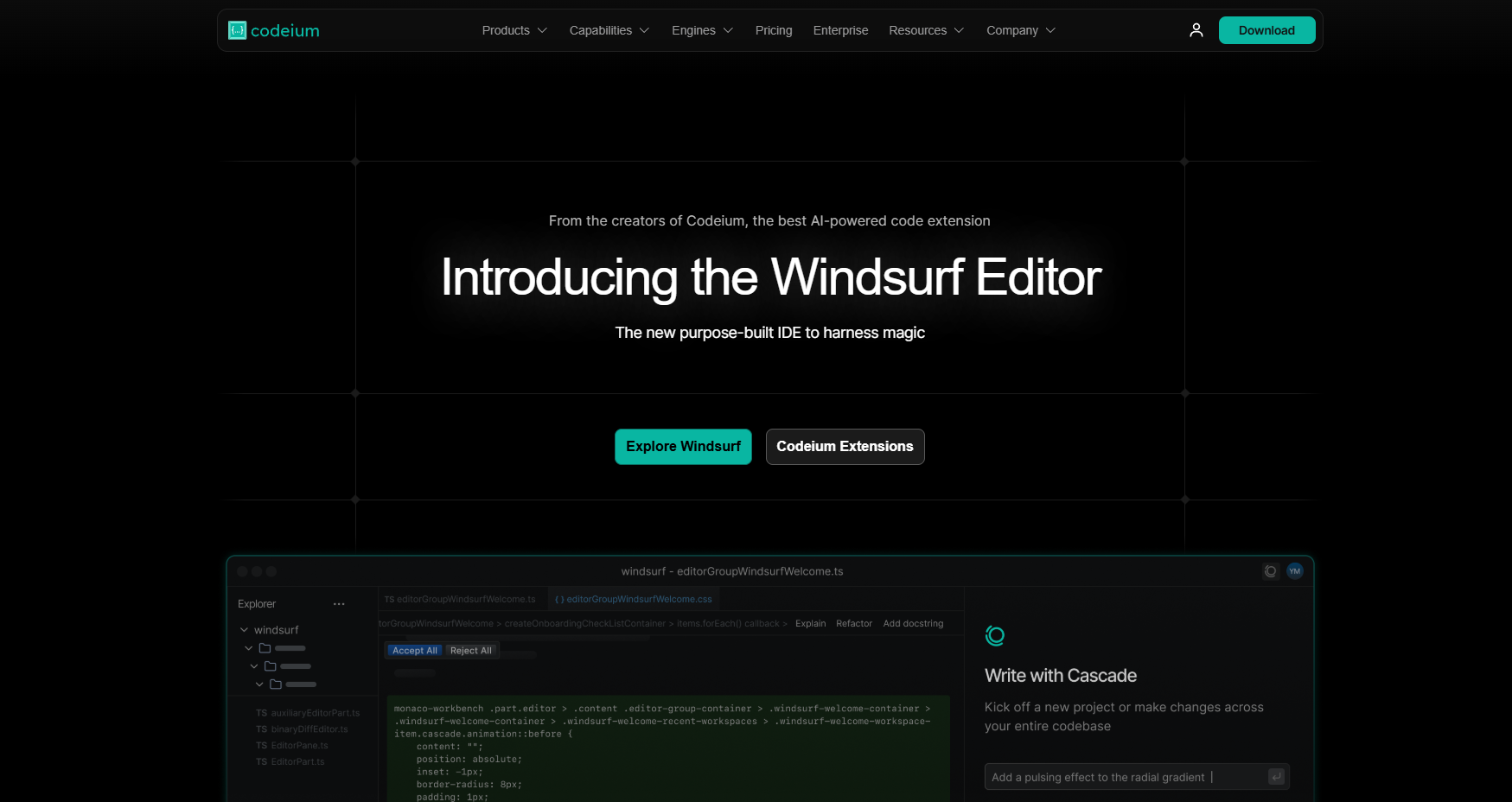 Codeium AI's homepage featuring the Windsurf IDE