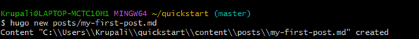 Screenshot of the output showing the file location where new post is created.