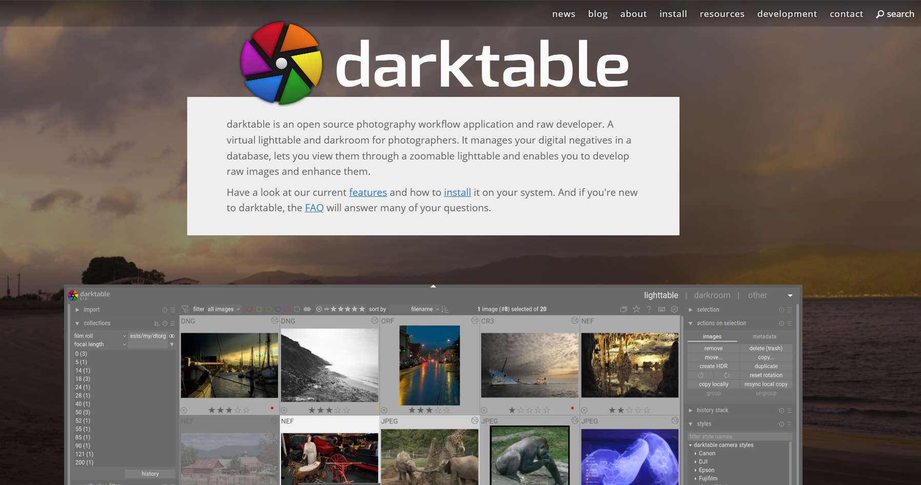 Darktable interface for RAW photo editing and cataloging, a free open-source alternative to Adobe Lightroom for Windows, Mac, and Linux.