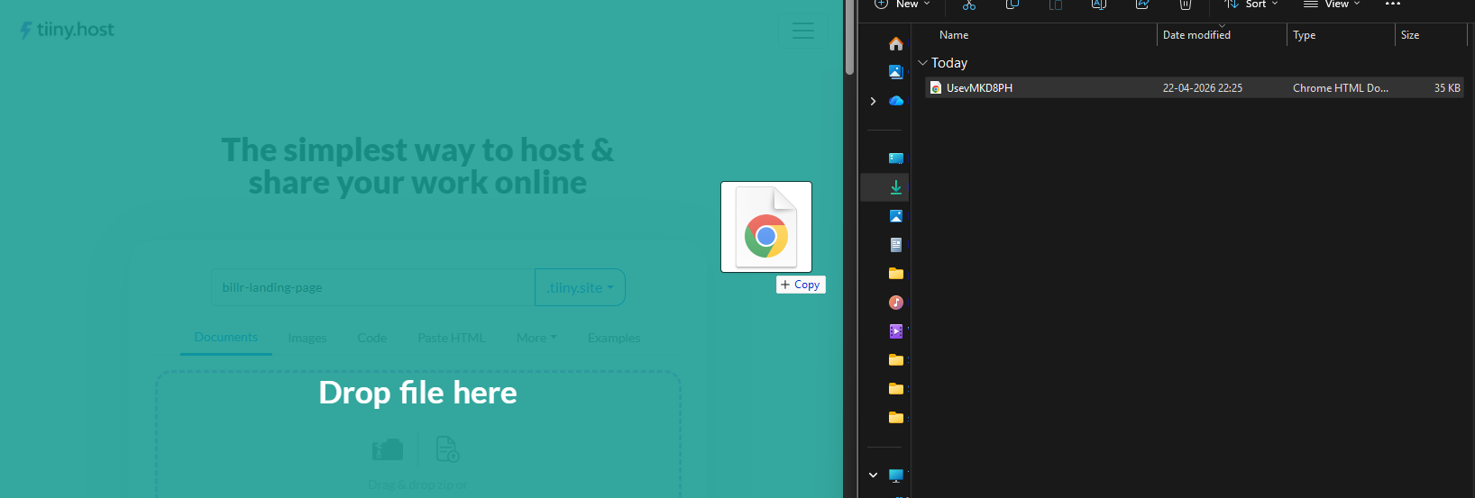 Tiiny Host File Upload Tiiny Host drag-and-drop file upload interface with "Drop file here" prompt on a teal background