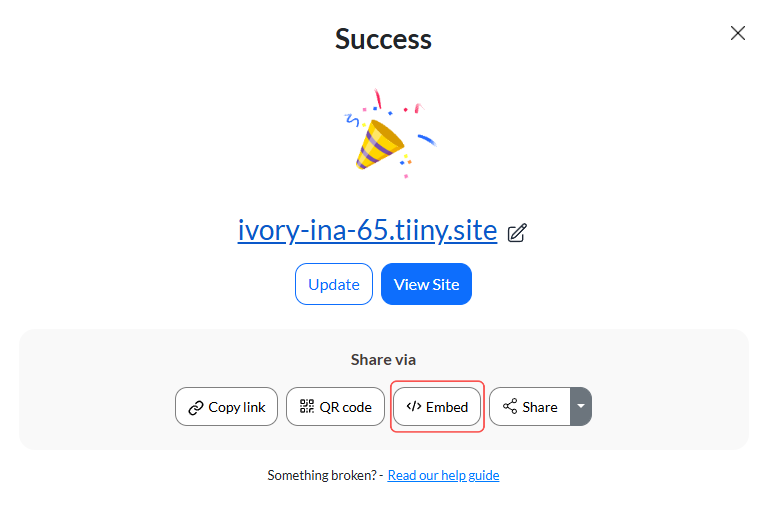 Successful publishing pop up with option "Embed" highlighted.