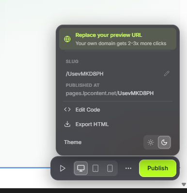 Leadpages bottom bar menu showing Export HTML option to download landing page code