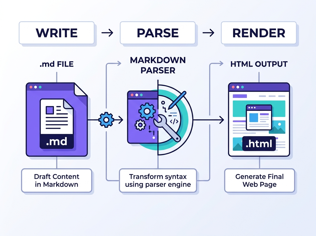 Diagram showing the process of converting a .md file to HTML through writing, parsing, and rendering.