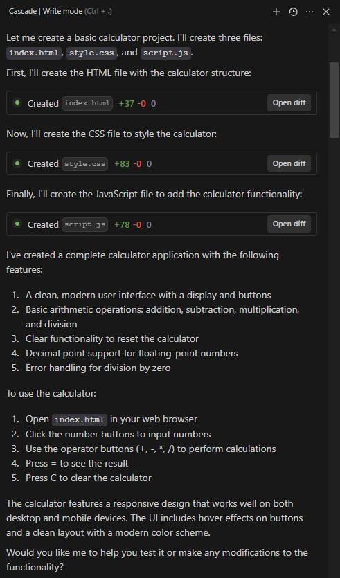 Cascade's output to prompt - creation of files for a basic calculator project, along with an explanation of features and usage instructions.