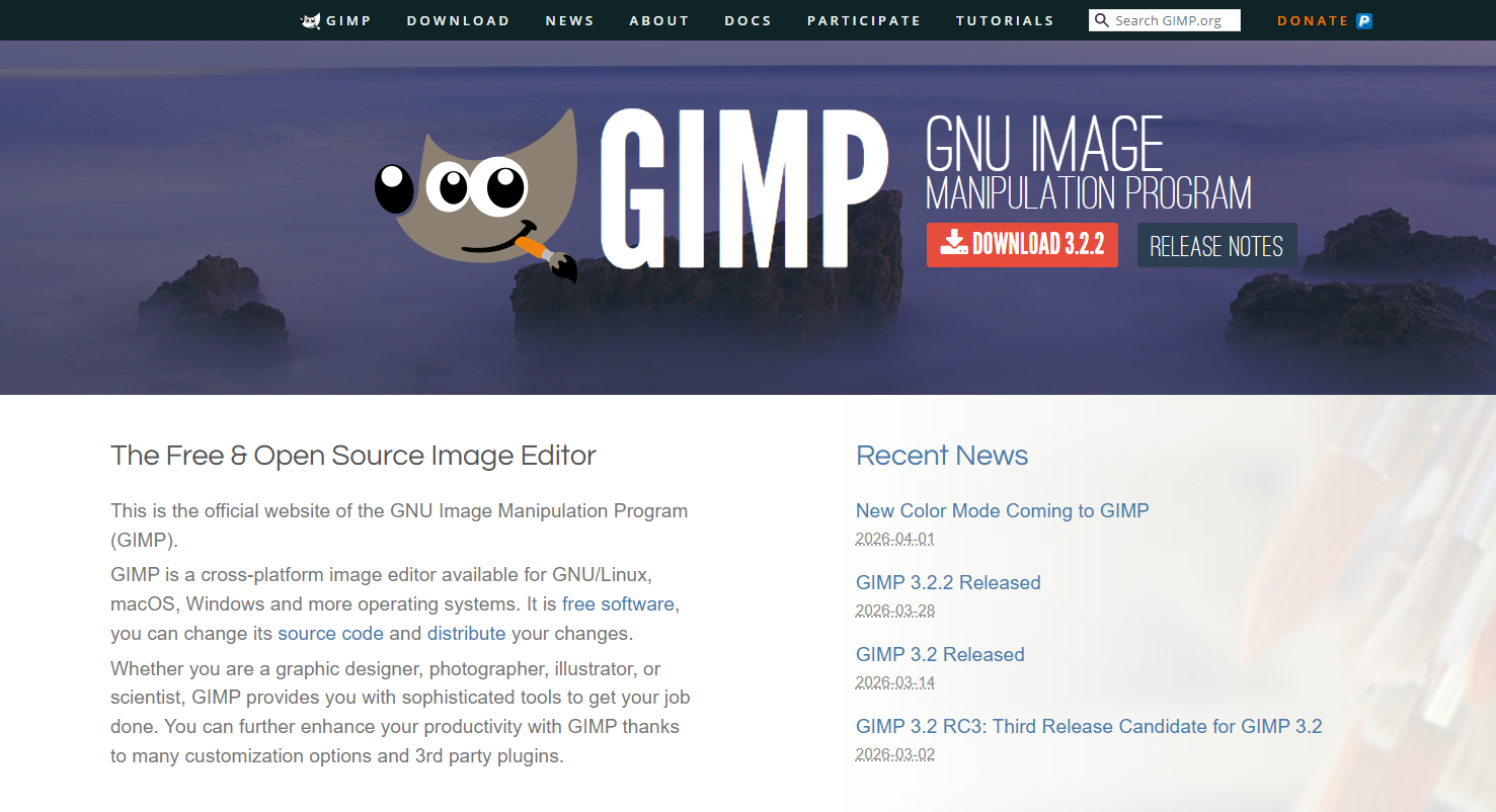 GIMP 3.0 website interface, the latest open-source free Photoshop alternative with non-destructive editing