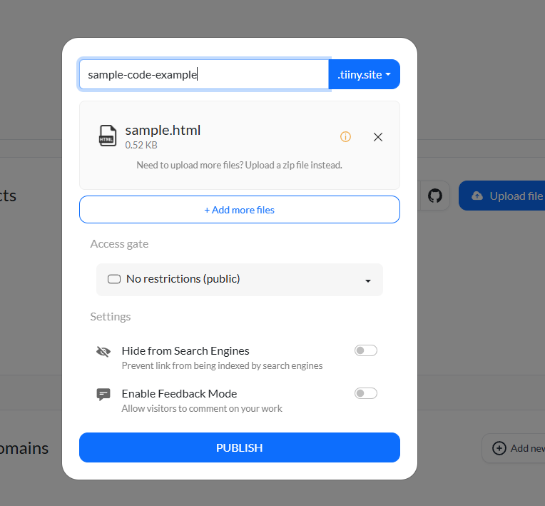 Write a link name to get a customized subdomain on Tiiny Host