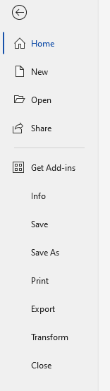 Vertical menu for Home for Microsoft Presentation with options: Home, New, Open, Share, Get Add-ins, Info, Save, Save As, Print, Export, Transform, and Close