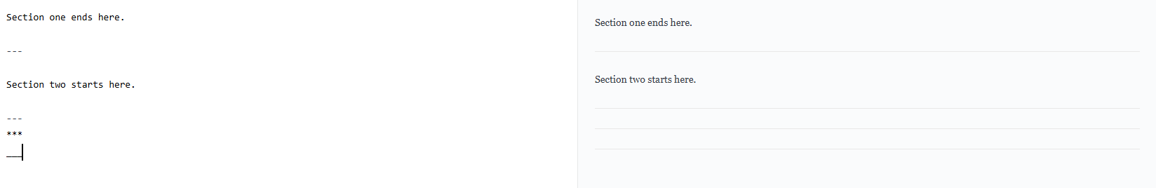 Markdown horizontal rule syntax showing three dashes, asterisks, and underscores to create section dividers.