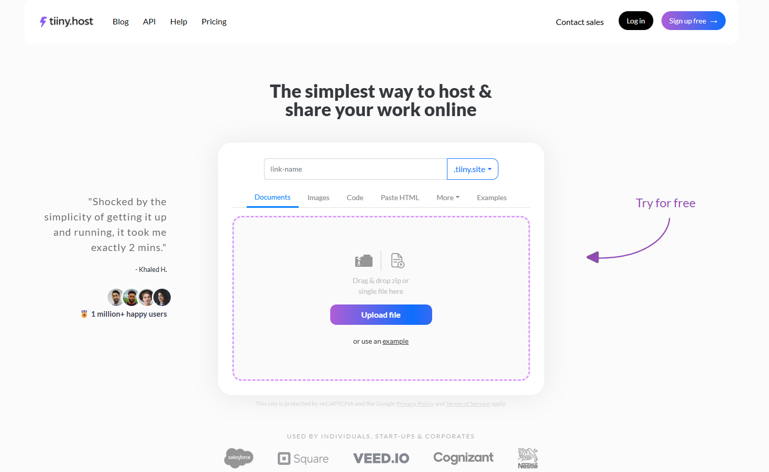 Tiiny Host – Easiest Way to Publish Your Landing Page to a Live URL for Free Tiiny Host homepage showing the simplest way to host and share work online with a free trial option