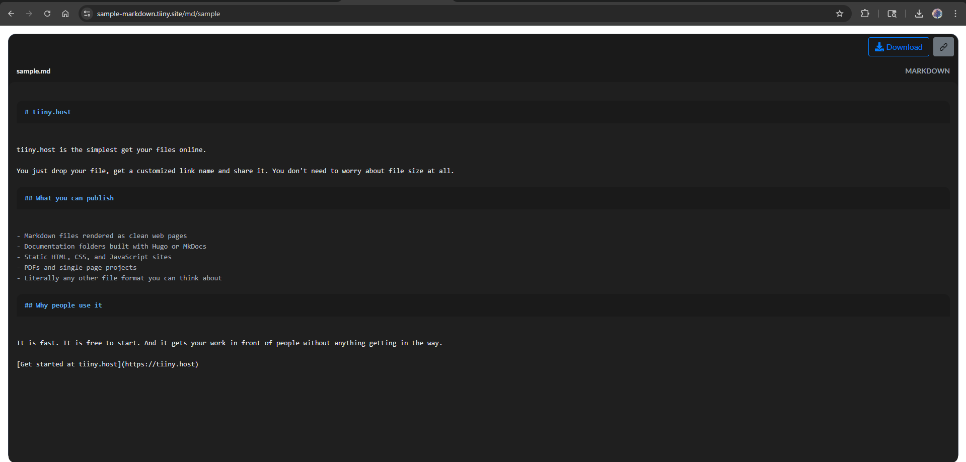 Live preview of a rendered Markdown file hosted online as a clean, dark-themed webpage.