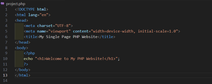 A sample "Welcome to My PHP Website" code to showcase as a basic example of developing educational projects.