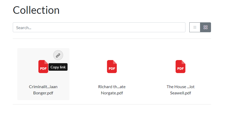 Tiiny's hosted zip file interface showing unzipped files with options to copy links for individual PDF documents.