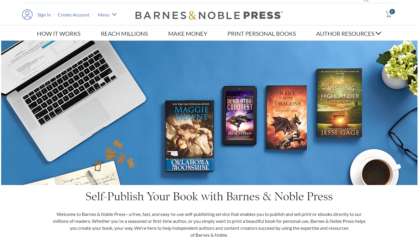 Barnes & Noble Press webpage showcasing a laptop, coffee cup, and four book covers with a "Get Started" button highlighted for self-publishing options.