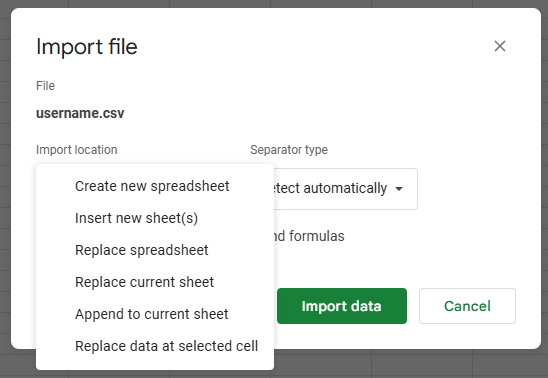 The "import location" drop down menu in the import file dialogue box