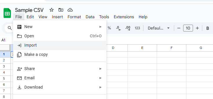 A sample Google sheets file in which "File" tab is open and "import" option is highllighted