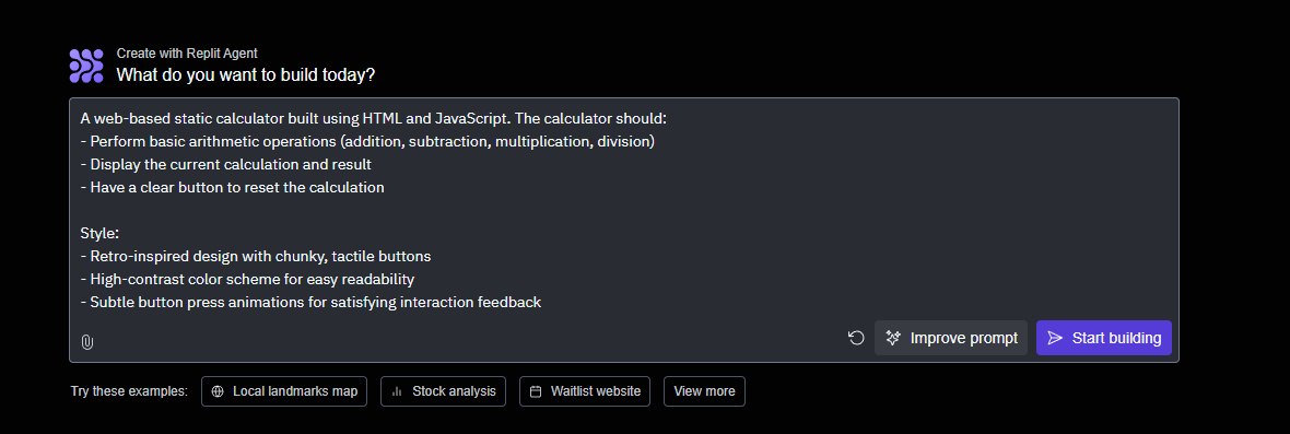 Replit AI Agent prompt for building a retro-inspired web-based calculator with HTML and JavaScript