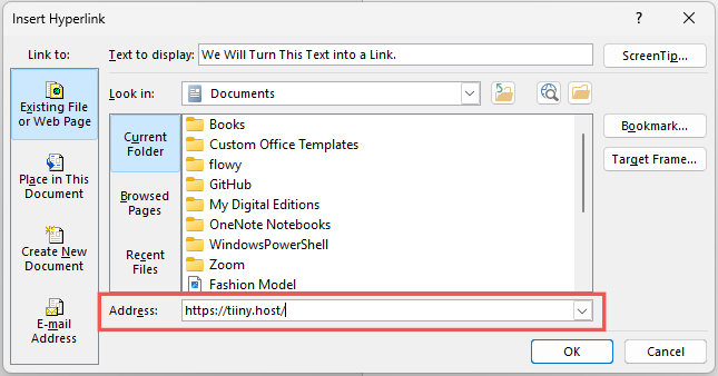 Screenshot of the "Insert Hyperlink" dialog box in Microsoft Word. The text "We Will Turn This Text into a Link." is displayed in the "Text to display" field, and a URL is entered in the "Address" field.