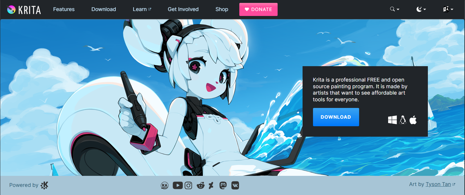 Krita website interface showing its free, open-source painting software for digital artists with customizable brushes and animation support.