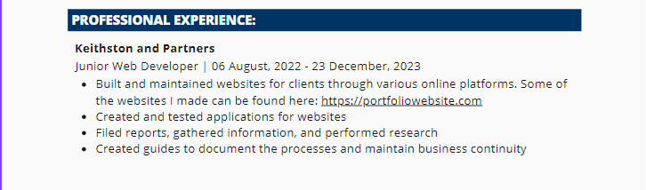 An example of portfolio linked in experience section.