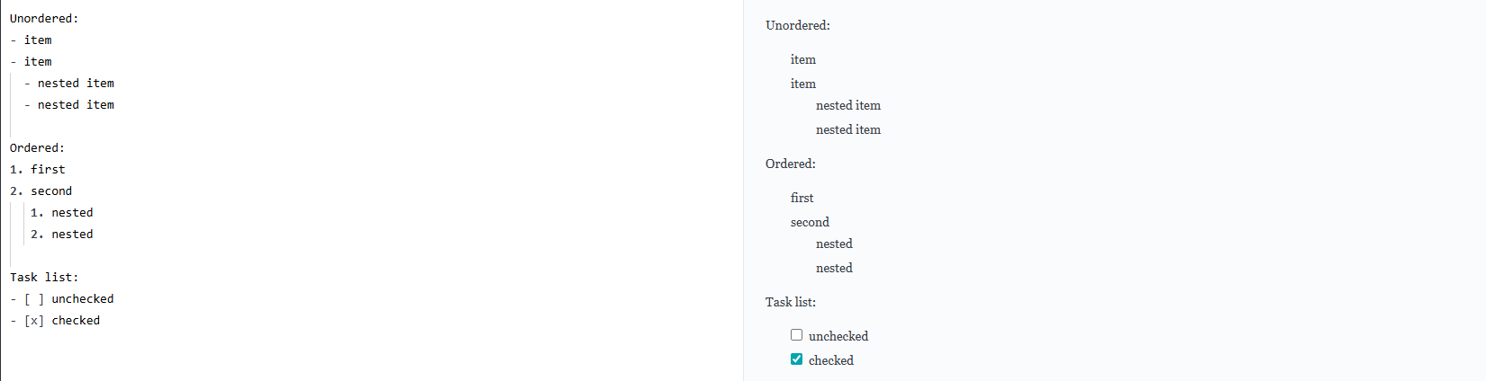 Markdown code example for unordered, ordered, and task lists with nested items and checkboxes.