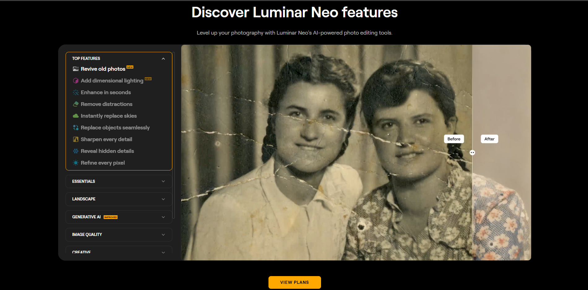 Luminar Neo interface showcasing advanced AI photo restoration and skin retouching features for professional photographers.