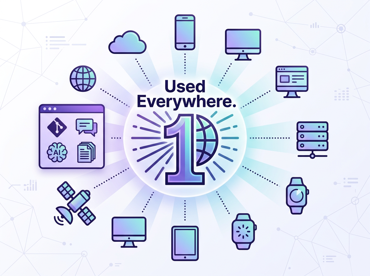 Illustration showing Markdown usage across various devices and platforms including GitHub, mobile, and web servers.