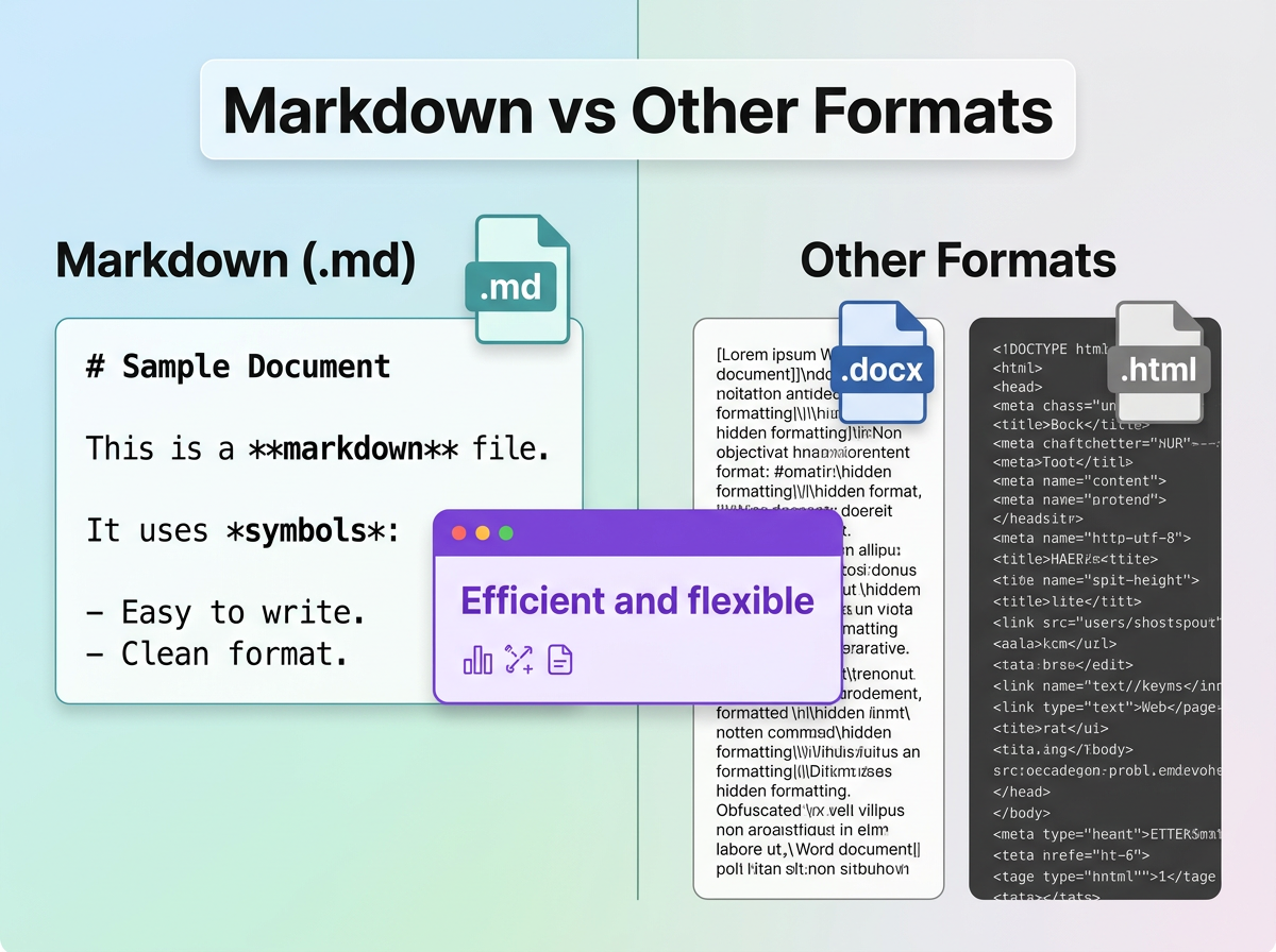 Comparison graphic showing a clean .md file versus cluttered .docx and .html file code.