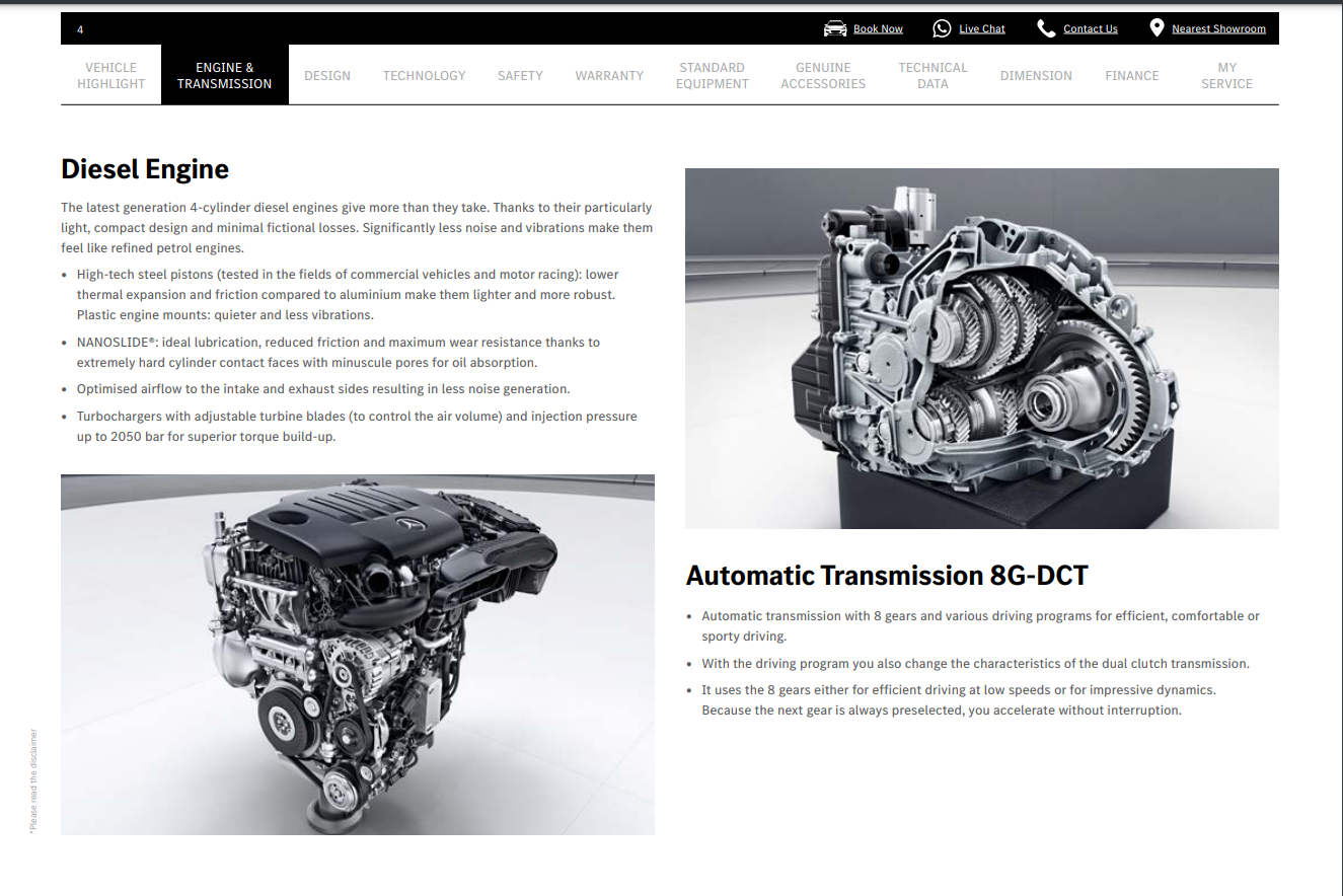Screenshot from Mercedes-Benz's showcasing parts of car and their details.