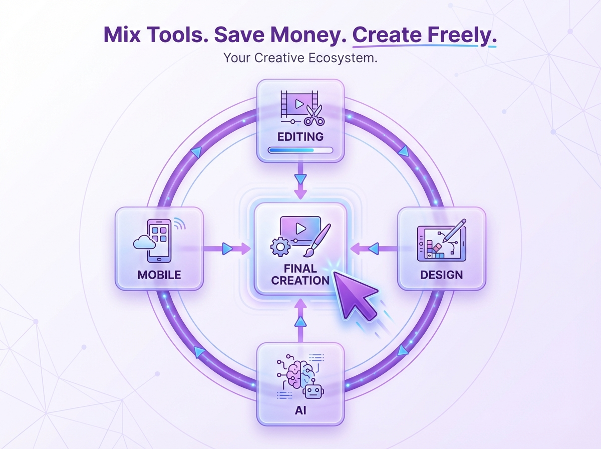 Infographic titled "Mix Tools. Save Money. Create Freely." showing a circular ecosystem of Editing, Design, AI, and Mobile tools connecting to a Final Creation.