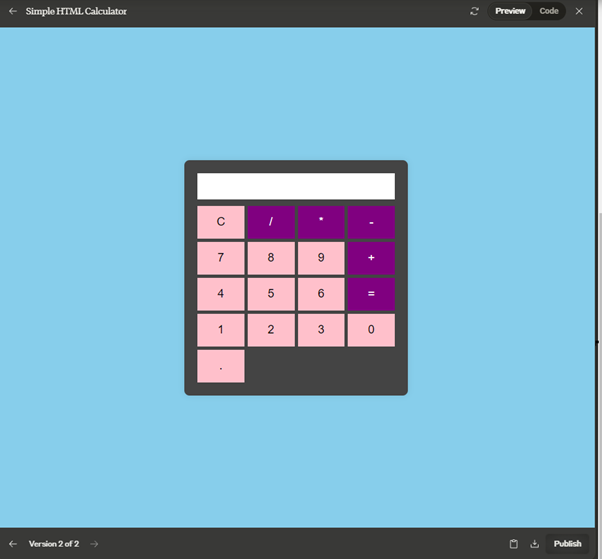 The output of the prompt, a modified calculator with pink and purple keys and dark body of the calculator and blue color background of screen.